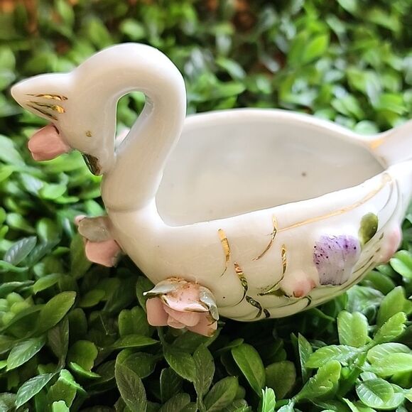 Vintage Porcelain Floral Swan Ash Tray Sphinx Japan Coquette Bridal - Picture 12 of 12